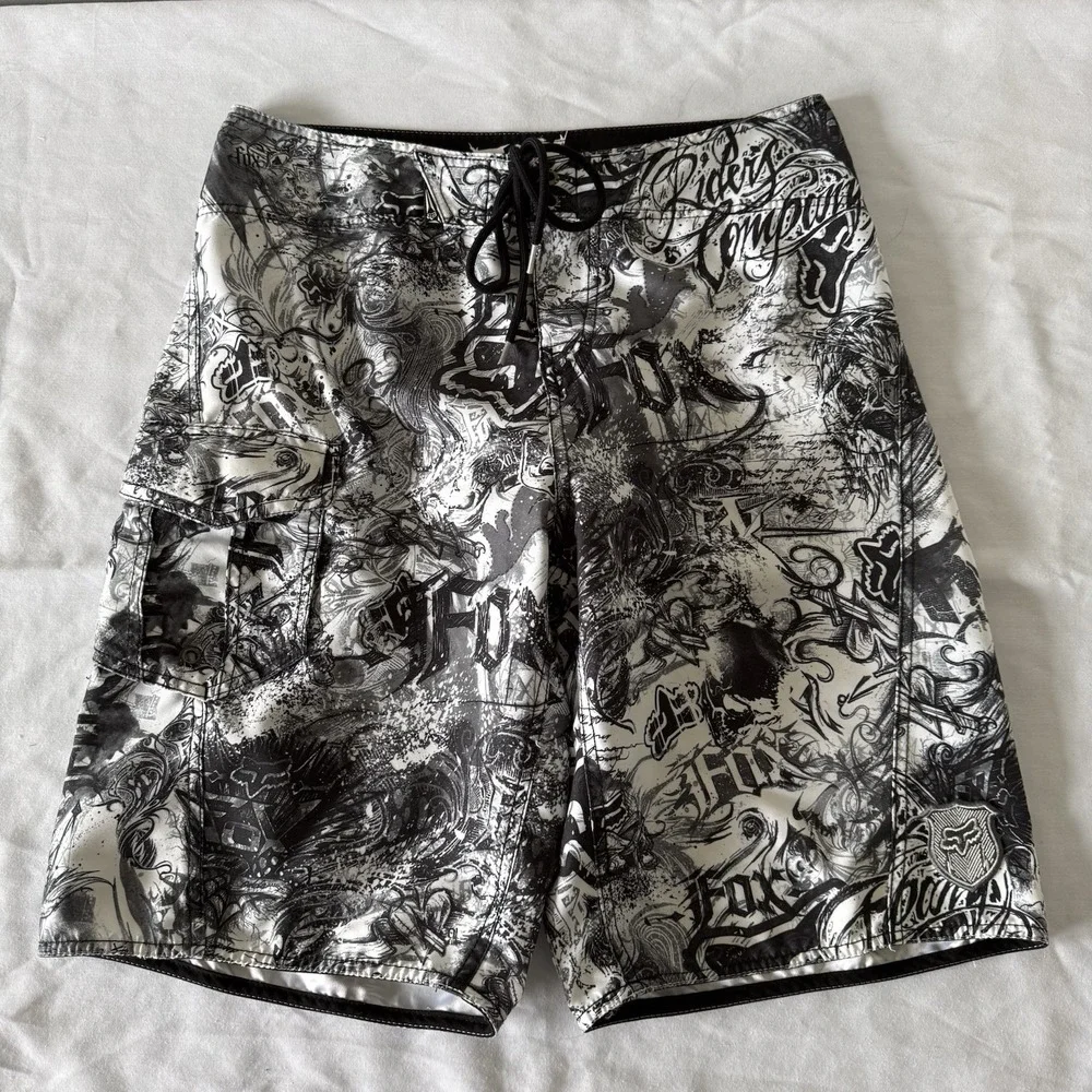 Y2K Fox Riders Co Mens Board Shorts Black White Skater Surfer Beach Size 34